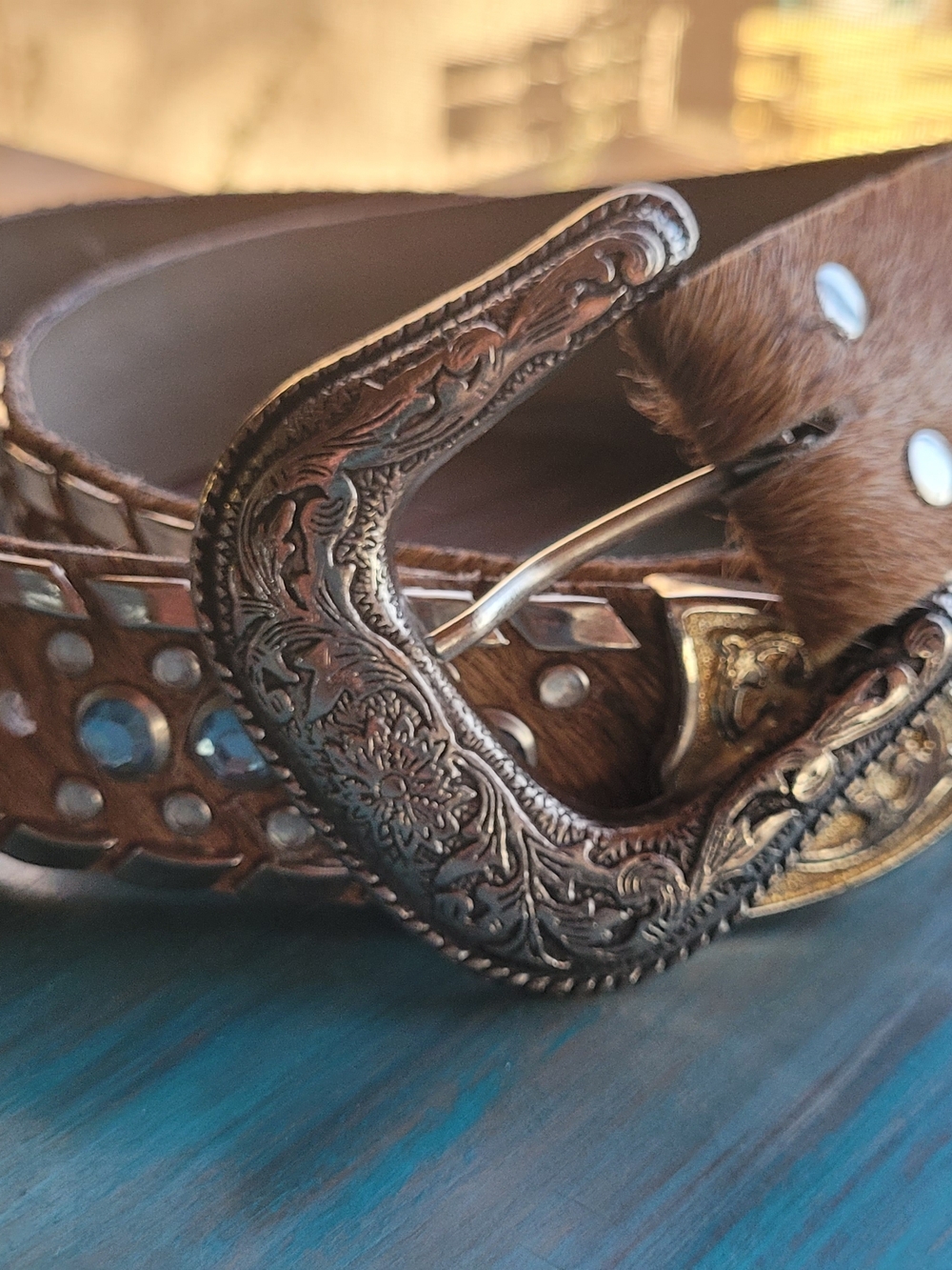 Leather Western Crystal Belt Tan Hair-On Kippy Style